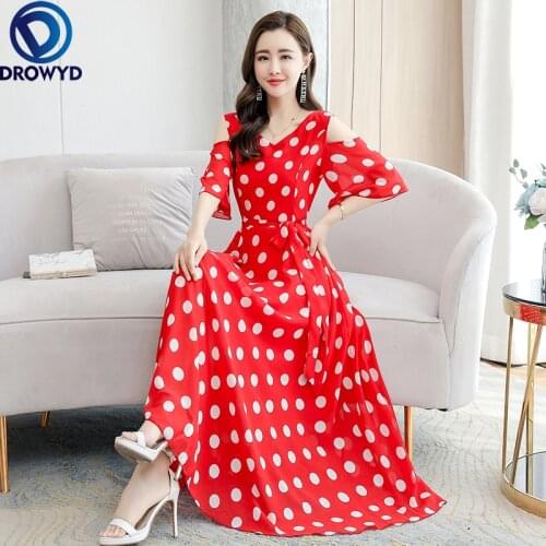 2021 Elegant Vintage Women Casual Plus Size 4XL Chiffon V-Neck Red Dot Print Short Sleeve Female Long Summer Vestidos Dress Robe