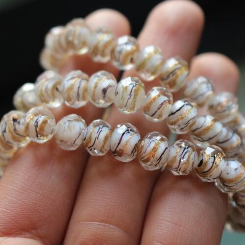 20Pcs 8*6mm Rondelle Faceted Lampwork Glass beads White color with black gold stripes for Jewelry & DIY