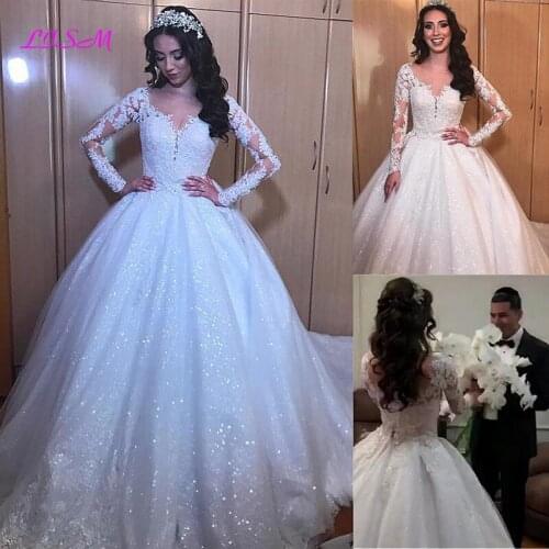 Tulle Jewel Ball Gown Long Sleeves Wedding Dresses With Beaded Lace Appliques Bling Bling Bridal Gowns Princess Wedding Dress