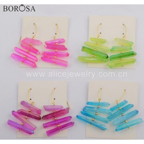 BOROSA 5Pairs Handcrafted Aura Quartz Titanium Rainbow Crystal Earrings Fashion Colorful Drop Earrings Jewelry for Girls G1756