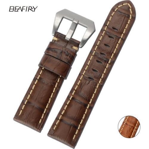 BEAFIRY Genuine Leather Watches band 22mm 24mm 26mm Vintage Bamboo Pattern Strap Watchband Pin Clasp Bracelets for Men brown