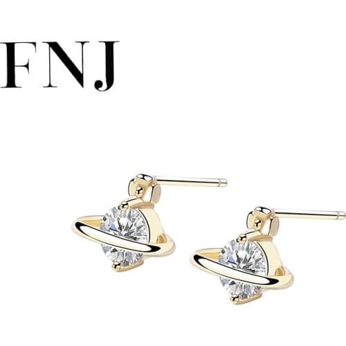 FNJ Planet Earrings 925 Silver Jewelry Original Pure S925 Sterling Silver Stud Earring for Women White Cubic Zircon