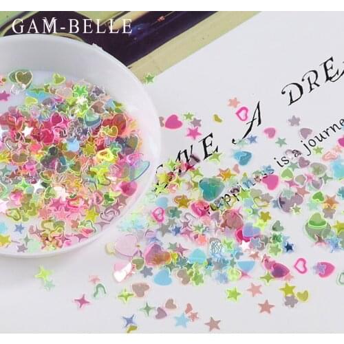 GAM-BELLE 10g Holographic Nail Glitter Flakes Sequin 3mm Moon Heart Star Shape 3D Colourful Sequins Polish Nail Decoration