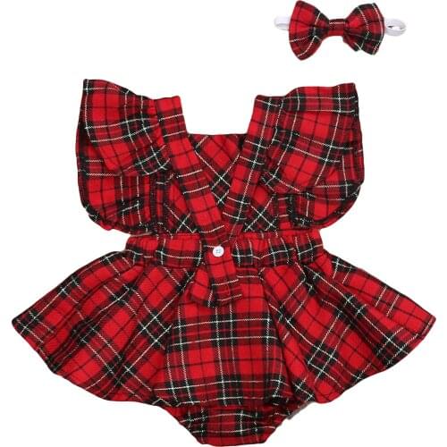 2 Pcs Newborn Plaid Outfits Set Infant Fly Sleeve Square Collar Romper Dress Bowknot Headband Set 2020 Newest Trendy