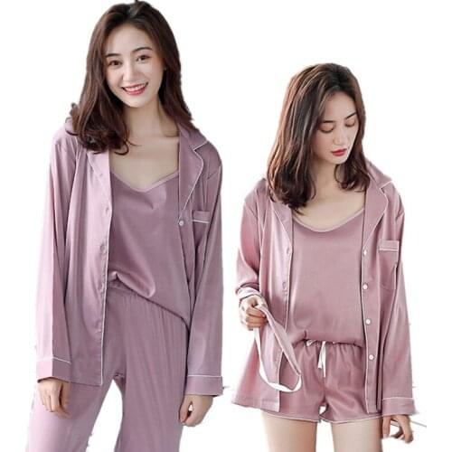 Womens Silk Pajama Sets Cami Shorts Set + Long Pajama Set + Eyepatch 5 Pieces Pajamas Women Night Suits Korean Sleepwear