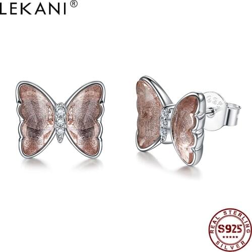LEKANI 925 Sterling Silver Earring Luxury Butterfly Women Earrings Pink Austria Crystal Fine Jewelry Hot Selling Party Gift