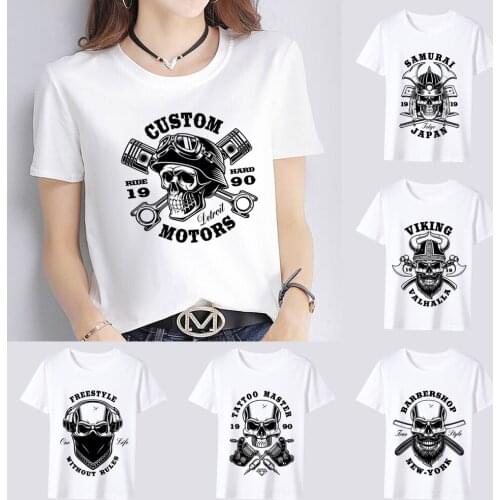 Fashion Womens T-shirt Street White Round Neck Printing Womens Short-sleeved Tops Skull and Crossbones Series Ladies T-shirts