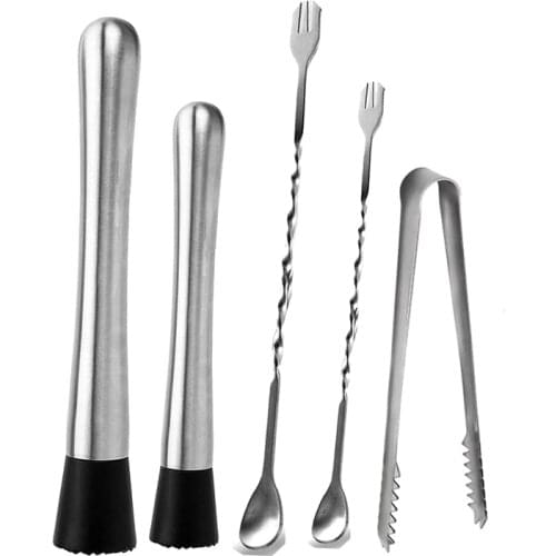 Cocktail Muddler,5 Pcs Stainless Steel Cocktail Accessory Set Mixing Spoon & Ice Tongs for Family Bar Tool Essentials