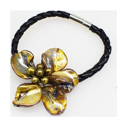 New Luck Unique Handmade Shell Flower Jewelry Brown Baroque Real Freshwater Pearl Black Rope Leather Necklace Perfect Woman Gift