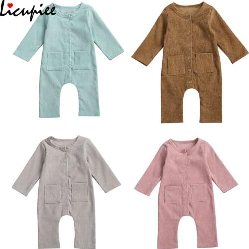 Newborn Toddler Girls Solid Color Jumpsuit, Round Neck Long Sleeve Buttons Corduroy Long Romper Clothes with Pocket 0-24 Months