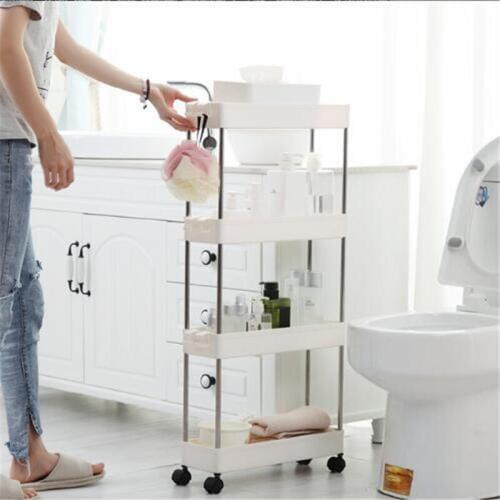 Kitchen Storage Plastic 2/3/4 Layer Gap Bathroom Shelf Wheels Space Saving Organizer Rack Slim Slide Tower Movable Assemble