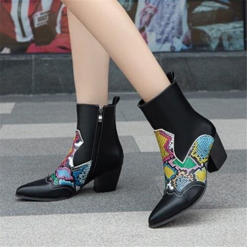 PXELENA Plus Size 34-45 Snake Print Women Ankle Boots Block High Heels Autumn Shoes Office Lady Work Career Daily Short Boots 44