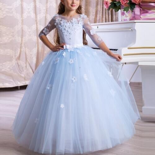Romantic Flower Girl Wedding Bridesmaid Formal Lace Short Sleeve O-neck Beading First Communion Dresses for Girls