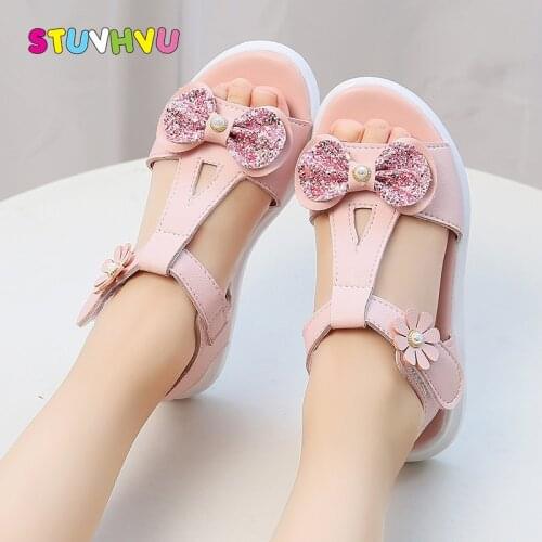 Princess Girls Shoes Kids Sandals Children Shoes Summer 2021 New Sequin Bow Leather Little Girls Sandals Soft-soled Beach Shoes
