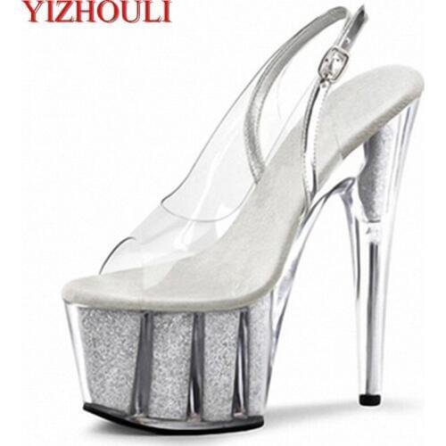 The 15cm ultra high heel fashion transparent crystal sandals, the summer new model wearing trendy outside show shoes