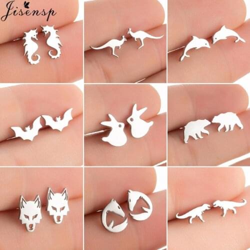 Lovely Stainless Steel Animal Earrings for Women Girls Fashion Kangaroo Bear Wolf Bat Earing Sea Horse Studs Female Jewelry Gift