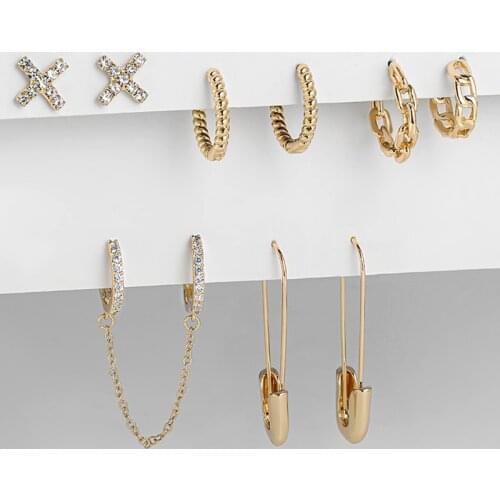 5pair/set CZ Zircon Circle Double Piercing Earrings for Women Gold Color Ear Cuff Twist Hoops Huggie Safety Pin Earrings Jewelry