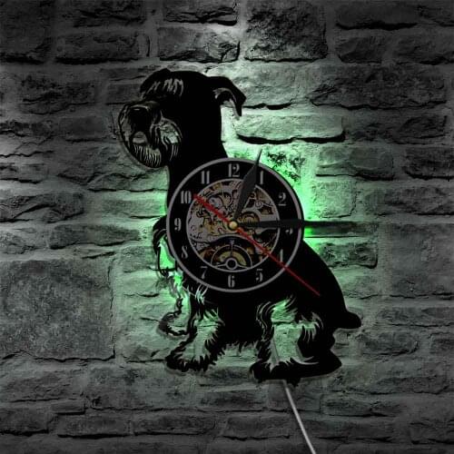 Schnauzer Dog Wall Art Vinyl Record Clock Mini Schnauzer Dog Canine Wall Clock With LED Light Pet Puppy Dog Modern Home Decor