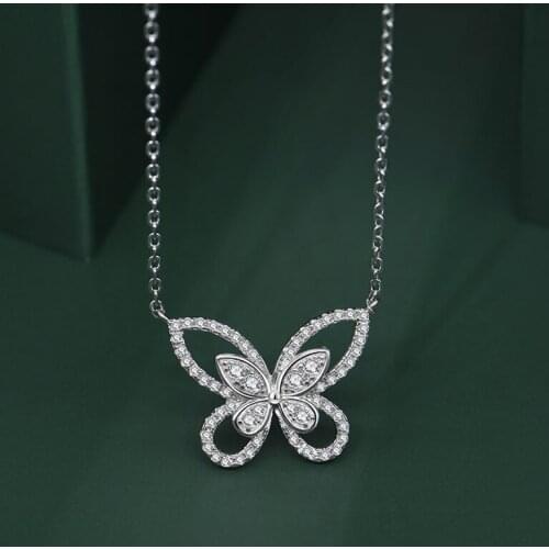 Sparkling High Carbon Diamond 100% 925 Sterling Silver Butterfly Pendant Necklace For Women Cute Girls Party Fine Jewelry