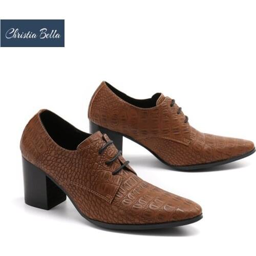 Christia Bella High Heel Men Party Real Leather Shoes Increase Height Male Oxford Shoes Club Jazz Dancer Short Boots Big Size
