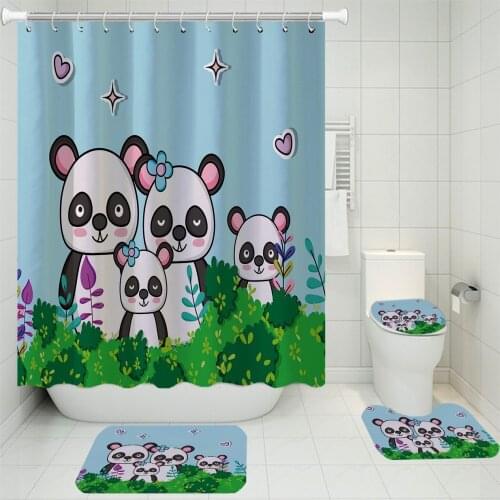 Cartoon Panda Waterproof Shower Curtain 4 Piece Bathroom Set Carpet Cover Toilet Cover Pad Friendship Bath Mat Decoration