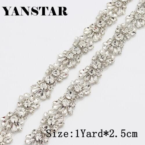 YANSTAR 2.5CM*5Yards Rhinestones Appliques Iron On Wedding Dress Crystal Rhinestones Appliques trim for Wedding Decoration YS975