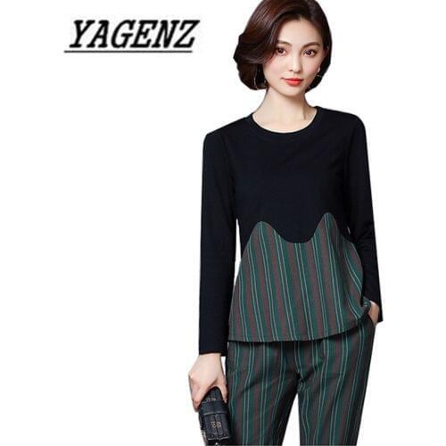 Large-size Womens Spring 2 piece Suits 2018 New Slim Long-sleeve O neck Tops+pants Stripes 2 piece set Womens Clothing Sets 5XL