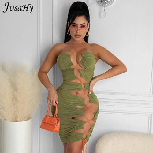 Jusahy Sexy Summer Drawstring Rope Hollow Dress for Women Fashion Sleeveless Skinny Beach Vacation Slim Strap Bodycon Dresses