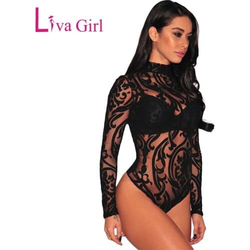 LIVA GIRL Transparent Turtleneck Bodysuit Women Bodycon Sexy Bodysuits Sheer Mesh Long Sleeve Jumpsuits Female Body Tops Rompers