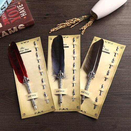 1 Set Vintage Luxury Oblique Quill Dip Pen English Calligraphy Feather Dipping Pen 5 Nibs Tips+Metal Pen Set For Birthday Gifts