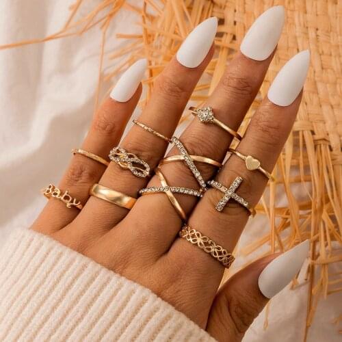 10pcs/sets Luxury Crystal Stone Cross Letter Ring Sets for Women Charm Heart Geoemtric Gold Joint Ring Jewelry