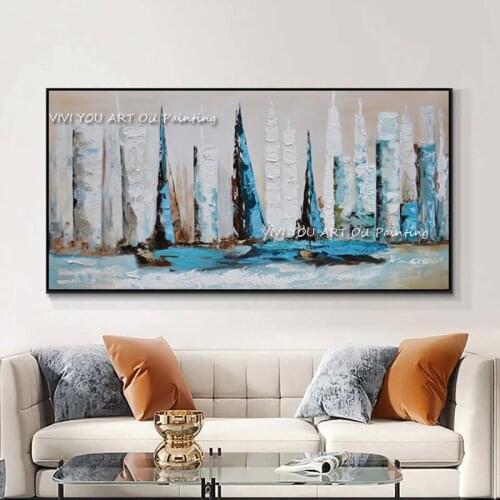 100% Handmade Painting On Canvas Wall Decoration blue Club Sailboat Seascape Hand Painted Abstract Paintings For Interior