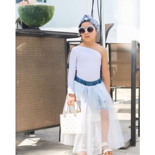 Newest 2 Pcs Toddler Casual Outfits Baby Girls One-shoulder Solid Color Long Sleeve Pullover+Mesh Patchwork Denim Shorts