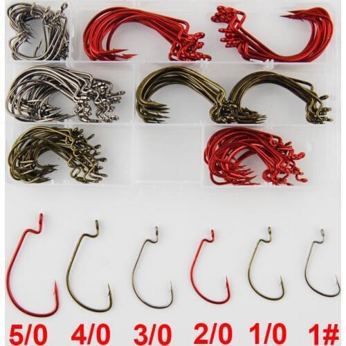 60pcs 7316 High Carbon Steel Fishing Hooks Offset Jig Worm X Strong Fishing Hook Set Red Tea Black Size 1 1/0 2/0 3/0 4/0 5/0