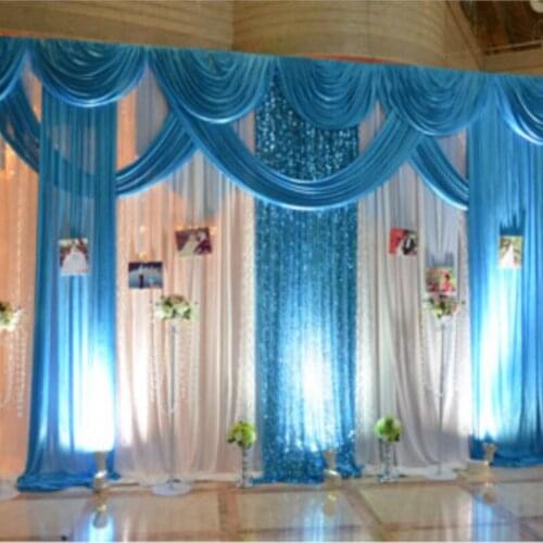 3*4m wedding party ice silk fabric drapery White with blue Color with swag stage prop fashion Drape curtain Backdrop