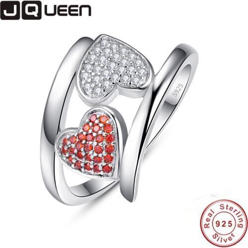 JQUEEN 1*1mm Red Stone Double Heart 925 Sterling Silver Ring Fashion Wedding Party Jewelry Valentines Day Gift Ring Size 6-9