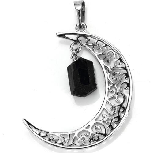 KFT Silver Plated Irregular Shape Natural Crystal Quartz Black Tourmaline Crescent Moon Stone Pendant Jewelry For Women Men Gift