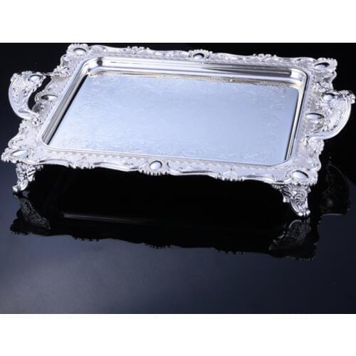 Fashion Silve Plate Kitchen Metal Serving Tray Weding Decorative Cake Stand Handle Bandeja Decorativa For Cake Disply FT020