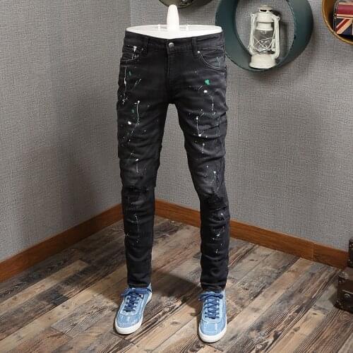 American Street Style Fashion Men Jeans Black Color Elastic Slim Fit Ripped Jeans Men Painted Designer Hip Hop Denim Punk Pants