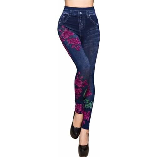 Fashion Slim Women Spring Summer Leggings Faux Denim Jeans Leggings Long Floral Printing Casual Pencil Pants Thin Fleece Inside