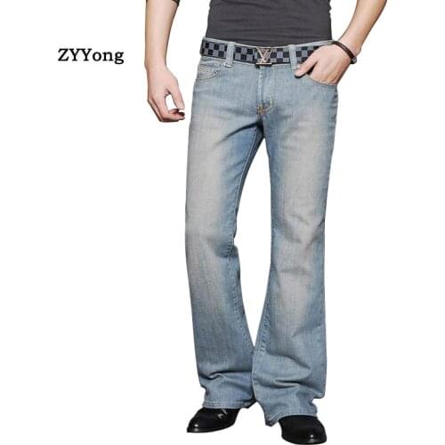 2021 Autumn Flared Jeans Men Boot Cut Denim Trousers Leg Fit Designer Classic Retro Light Blue Slim Casual Pants Clothing