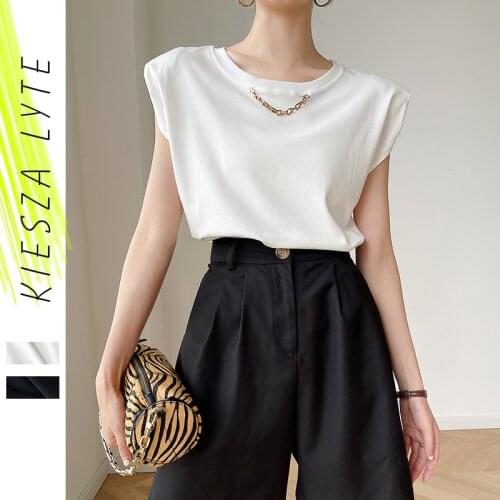 New Summer 2021 Womens Top Loose White Flying Sleeve Shoulder Padded Sleeveless Vest T-shirt