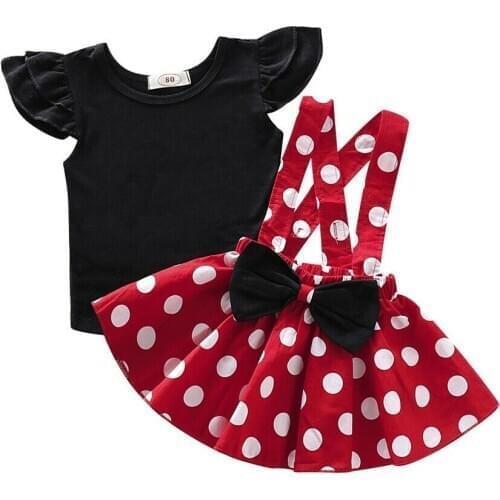 Baby Girl 2PCS Outfit Shirt Top Polka Dot Suspender Skirts Sunsuit Clothes Black Vest Top Dress Strap Skirt 2PCS Outfit