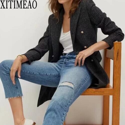 XITIMEAO New Women Casual Woolen Coat Blazer Office Lady Long Suit Coat Double Breasted Thickening Ladies Blazers