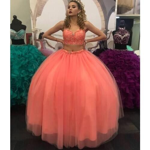 Lovly Coral Two Pieces Cheap Quinceanera Prom dresses Sweetheart Tulle Rhinestones Beaded Long Cheap Party Formal Sweet 16 Dress