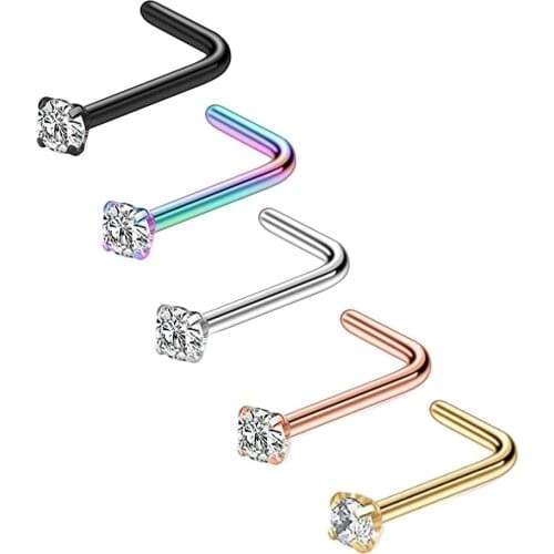 20G Steel Crystal Gem L Shape Nose Stud Piercings Rose Gold Nose Bone Screw Nazir Piercing Nostril Earring Piercings Jewelry