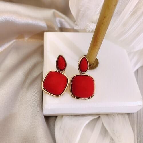 XIYANIKE Classical Red Stud Earrings Water Drop Square Patchwork Vintage Earrings Vivid Color 2020 Summer New Banquet Jewelry