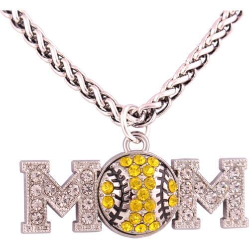 Women Men Pendant Necklace MOM Letter Charm Wheat Link Chain Baseball Pattern With Sparkling Crystals Zinc Alloy Dropshipping