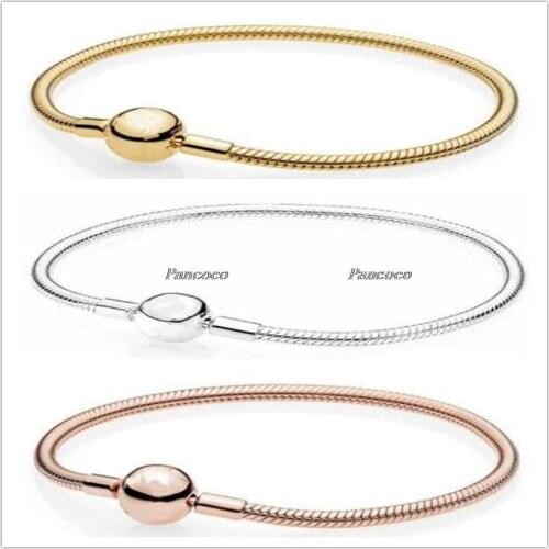 Authentic 925 Sterling Silver Bracelet Rose Moments Smooth Ball Clasp Snake Chain Bangle Fit Women Bead Charm Fashion Jewelry
