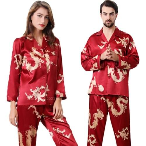 Women Silk Satin Pajamas Set 2PCs Full Sleeve Top Trousers Chinese Style New Year Dragon Printed Lounge Men Couples Pyjamas